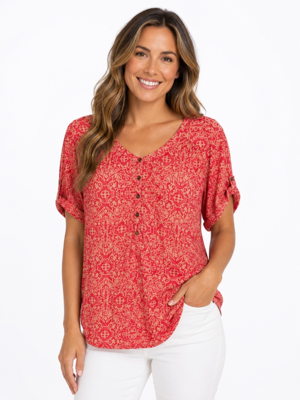 Lucky Brand red and tan print tunic with 1/2 sleeves.
